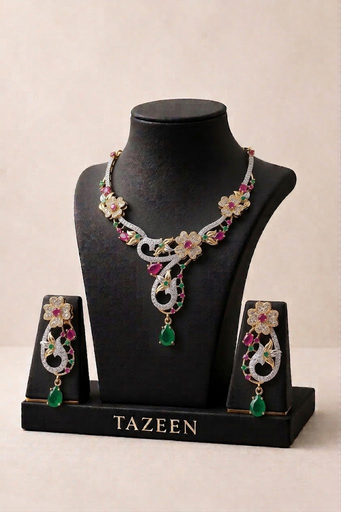 Green Emerald Square Necklace Set