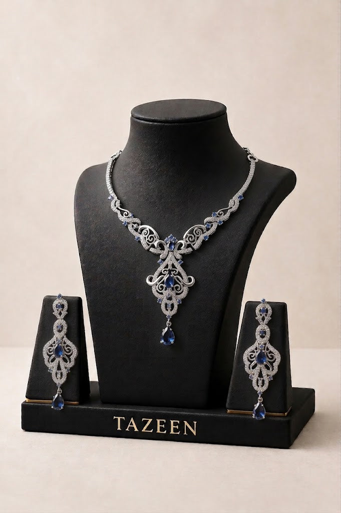 Blue sapphire-style necklace + earrings